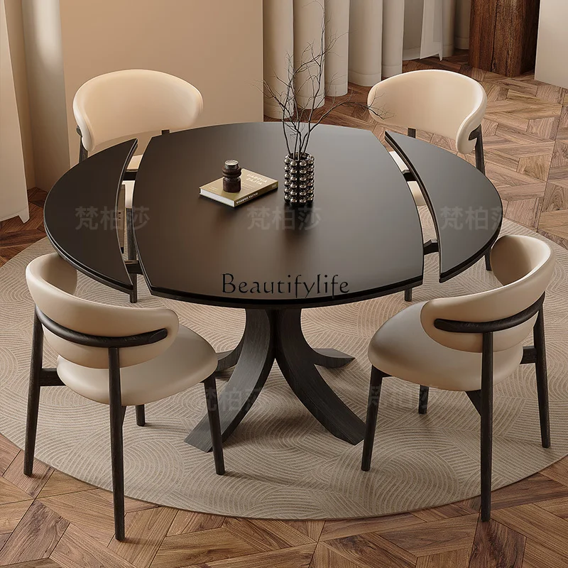 

Black Slate Dining Table Retractable Modern Minimalist French Vintage Style Round Solid Wood