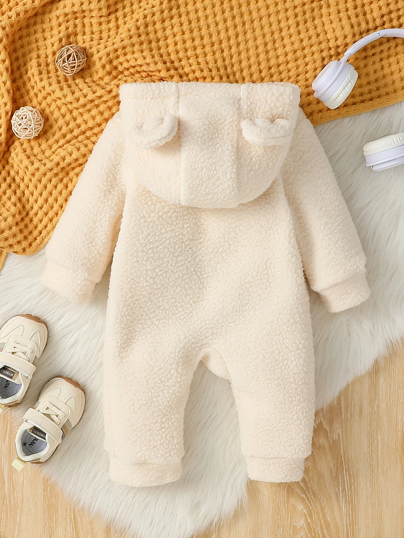 

Cut Lovely Newborn Baby Girl Boy Fleece Jumpsuit Autumn Winter Solid Color Long Sleeve Full Length Hooded Warm Romper For 3M-24M