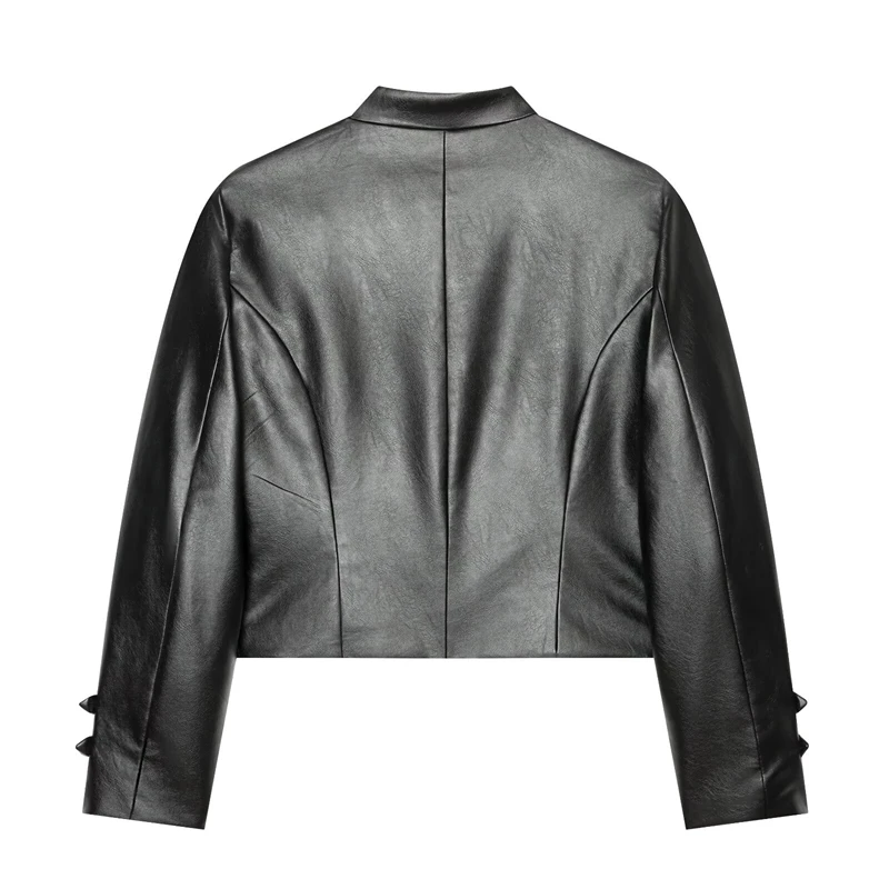 Guobioziy Women's Chinese-style Retro Frog Button Stand Collar Short Leather Jacket 2026 Autumn National StyleShort  Jacket