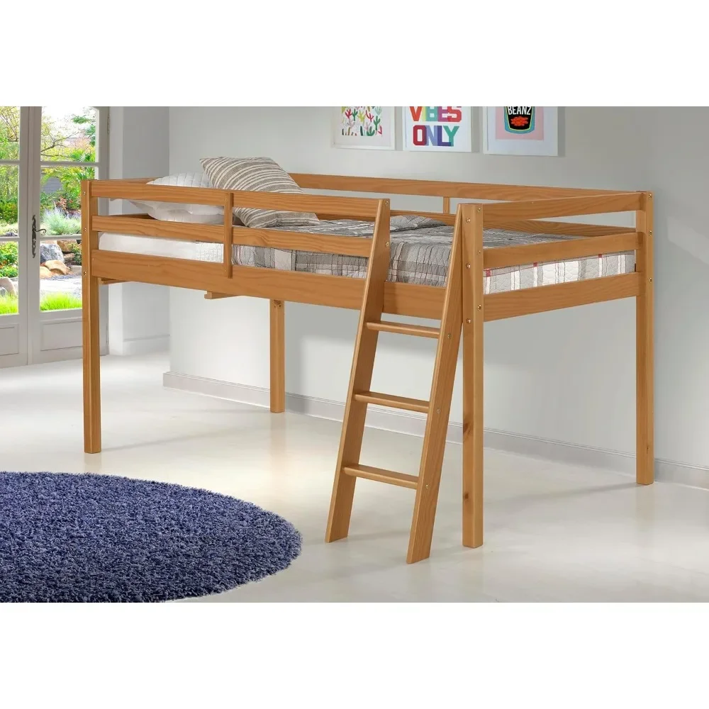 

Twin Size Junior Wood Loft Bed, Cinnamon Finish, Sturdy Wooden Frame for Kids - Includes Built-in Side Desk