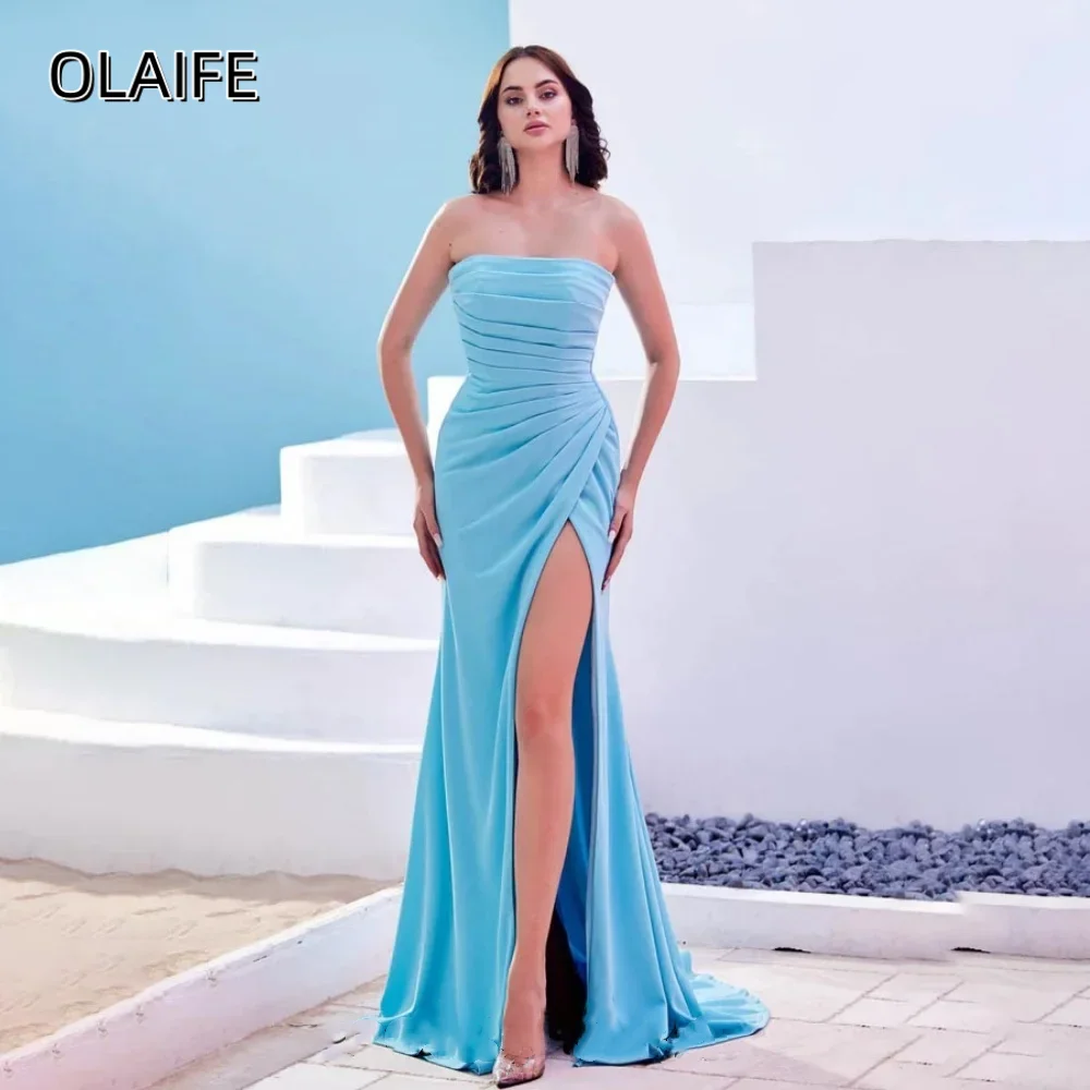 

Satin Strapless Ruched Prom Dress High Split Mermaid Sleeveless Customized Zipper Party Dress Sweep Train vestidos de festa