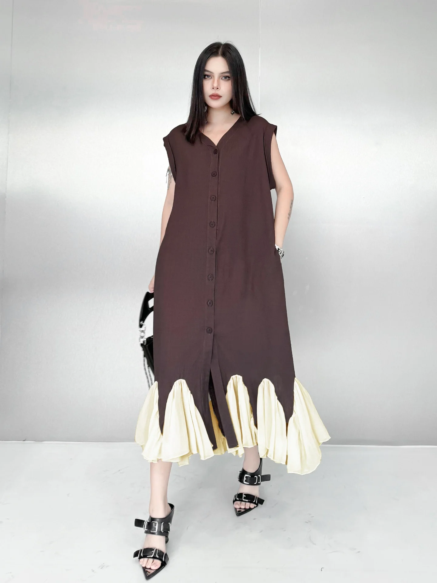

Loose V-neck Midi Dress Elegant Patchwork Women's Summer Gown Breathable Linen Fabric Button Closure Shirt Dress Citywalk
