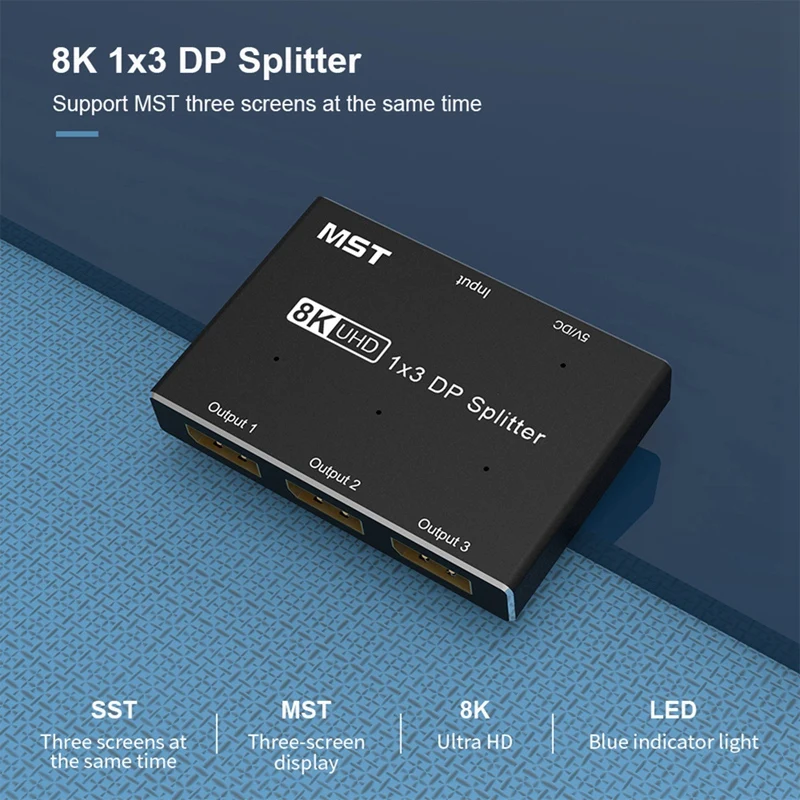 Displayport 8K 1X3 DP Splitter 8K 60Hz 4K 120Hz MST SST Hub Splitter With Extended Display And Mirror Mode