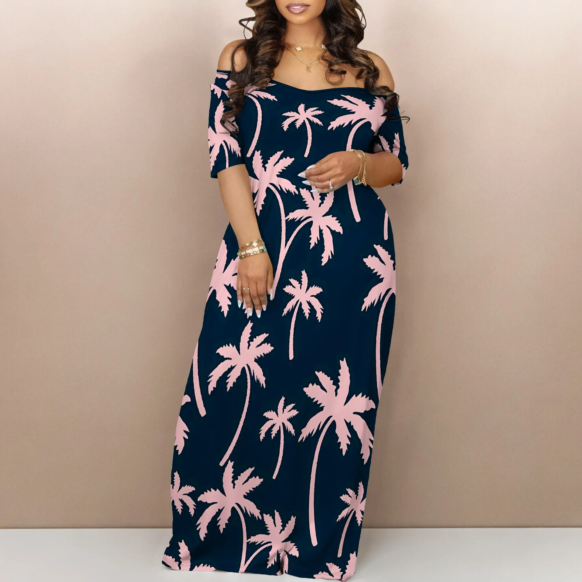

Nupusa Palm Tree Print Dress for Women Standard Size Summer Casual Off - Shoulder Short Sleeve Maxi Dress