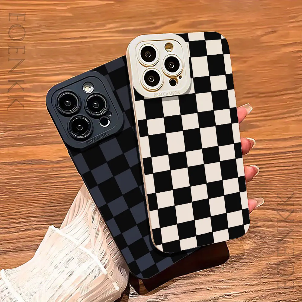 Black White Checkerboard TPU Soft Cover Case For iPhone 15 14 13 12 11 Pro Max Mini 7 8 Plus X XR XS SE Shockproof Phone Case