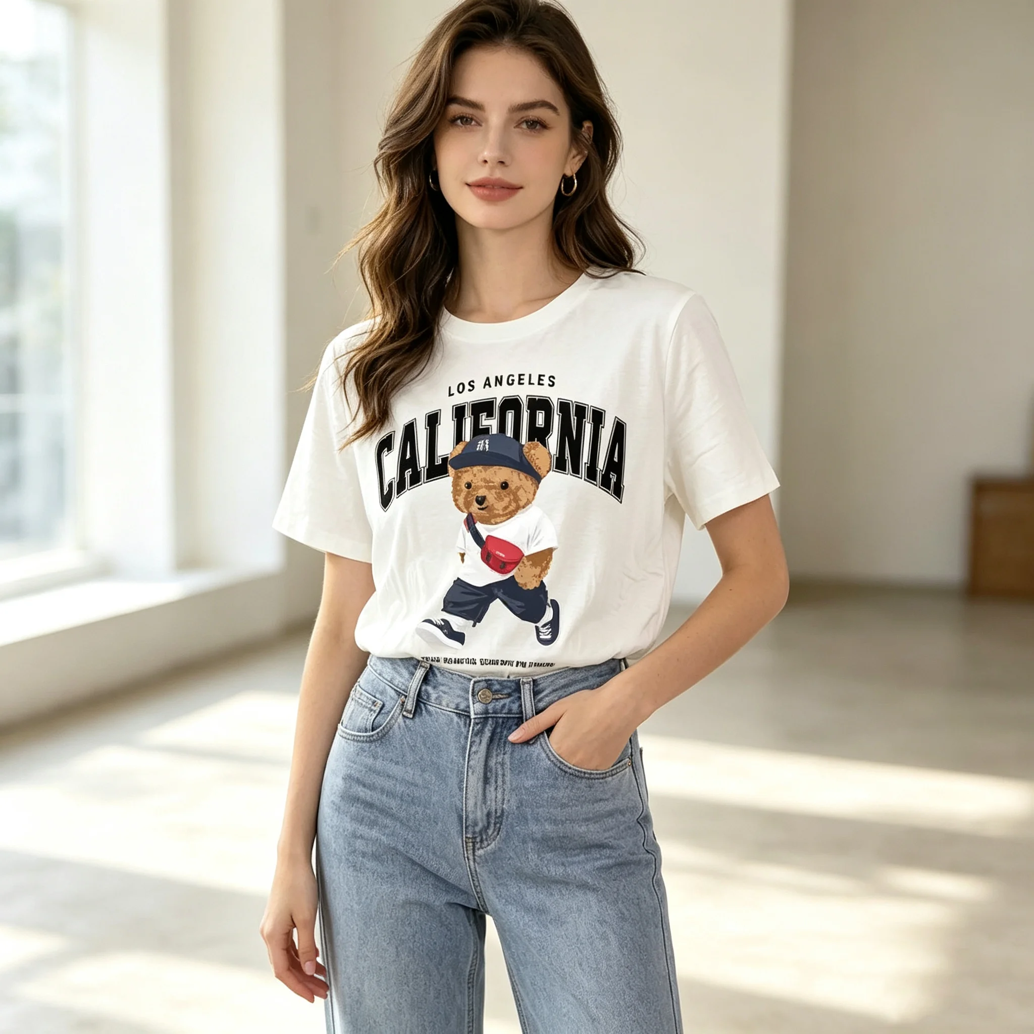 Ladies Retro California Sporty T-Shirt Casual round Neck Short Sleeve Cotton Blend Graphic Tee with Cartoon Bear Slogan