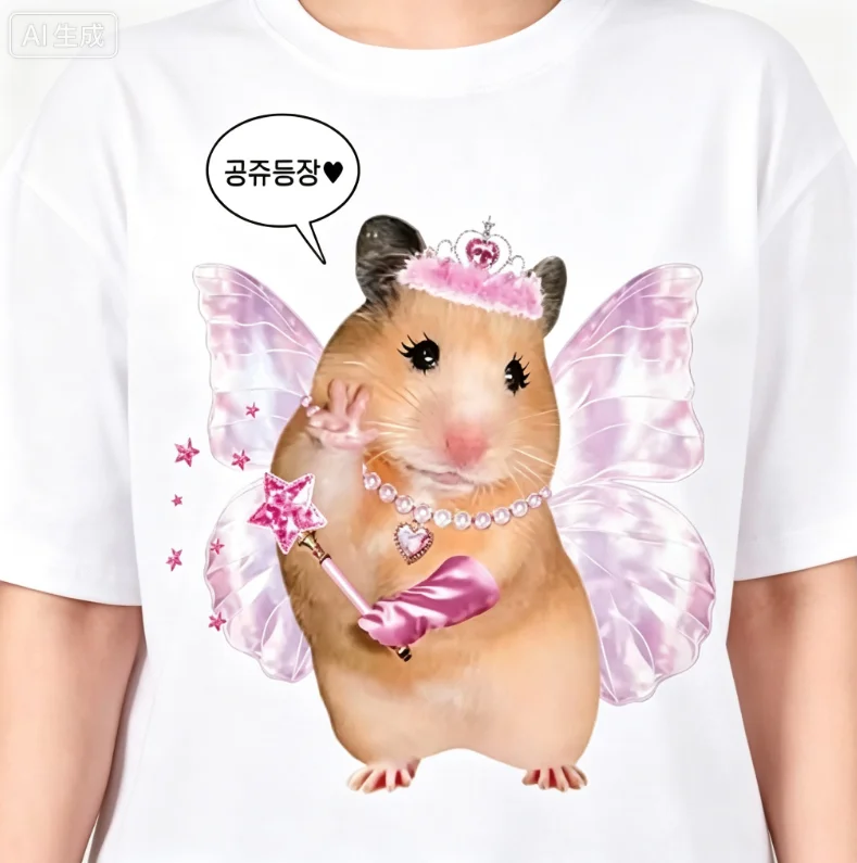2026 new Round-neck cotton T-shirt, cute little elf hamster with crown and butterfly wings - Y2K casual style