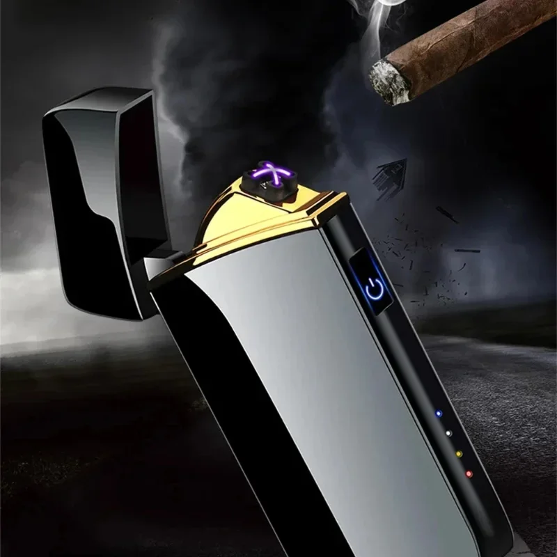 Metal Windproof Flameless Pulse USB Charging Double Arc Lighter LED Light Display Screen Touch Igniting Cigar Lighter Men's Gift