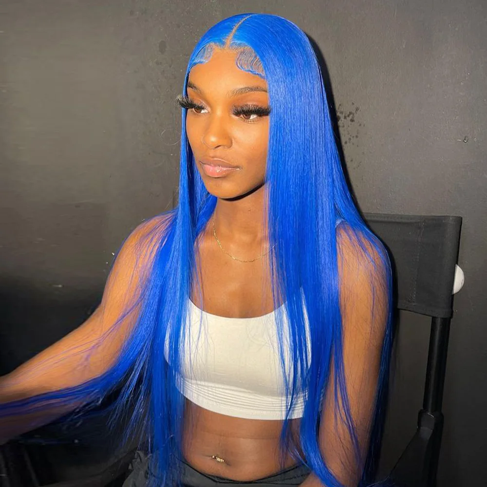 Baby Blue Glueless Wig 100% Human Hair Ready To Wear Lace Front Wigs Pre-Plucking Colored 5x5 Lace Closure Wig with Drawstring