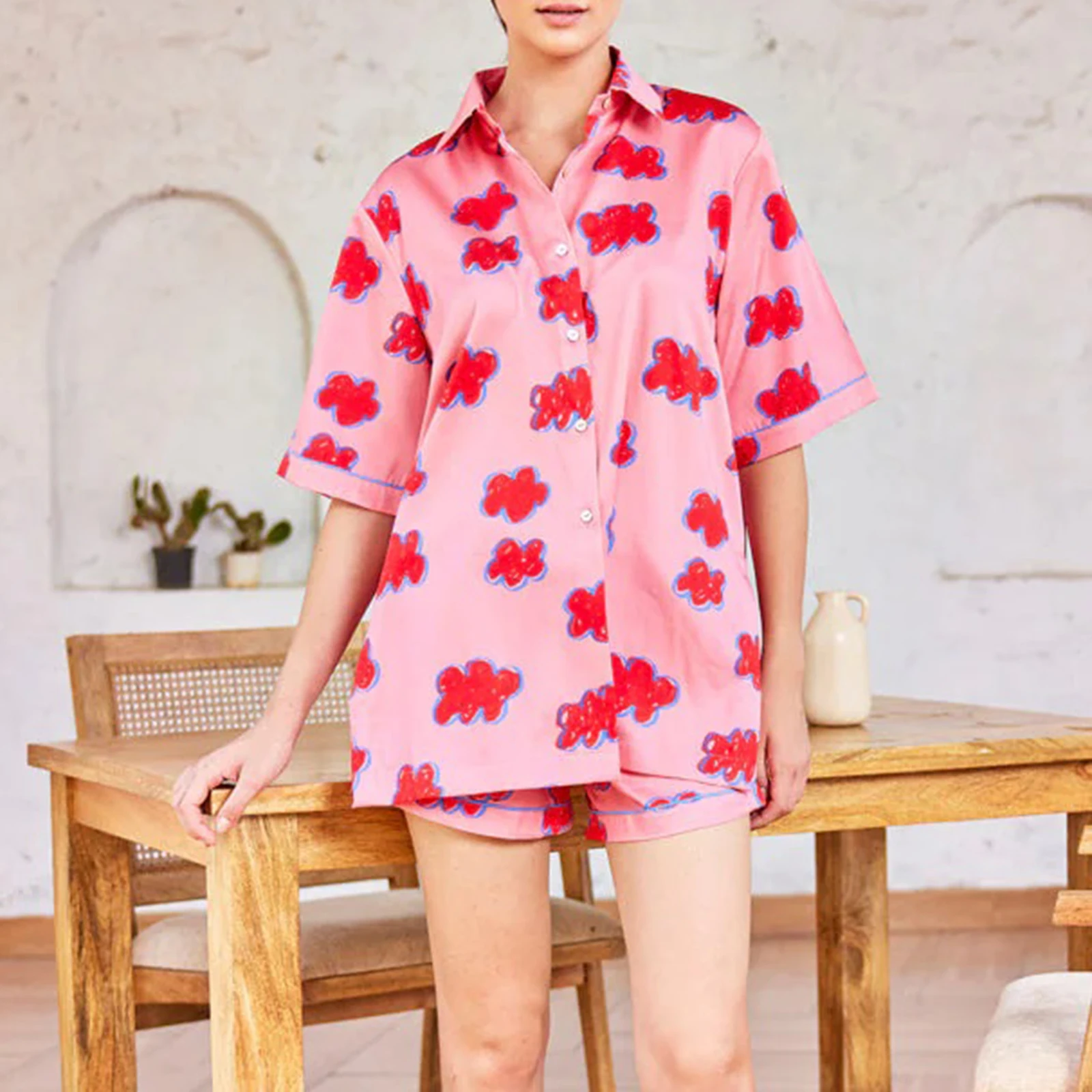 

HEZIOWYUN Women's Heart Print Pajamas Set Short Sleeve Button Down Tops + Elastic Waist Shorts 2 Piece Sleep Loungewear Outfit
