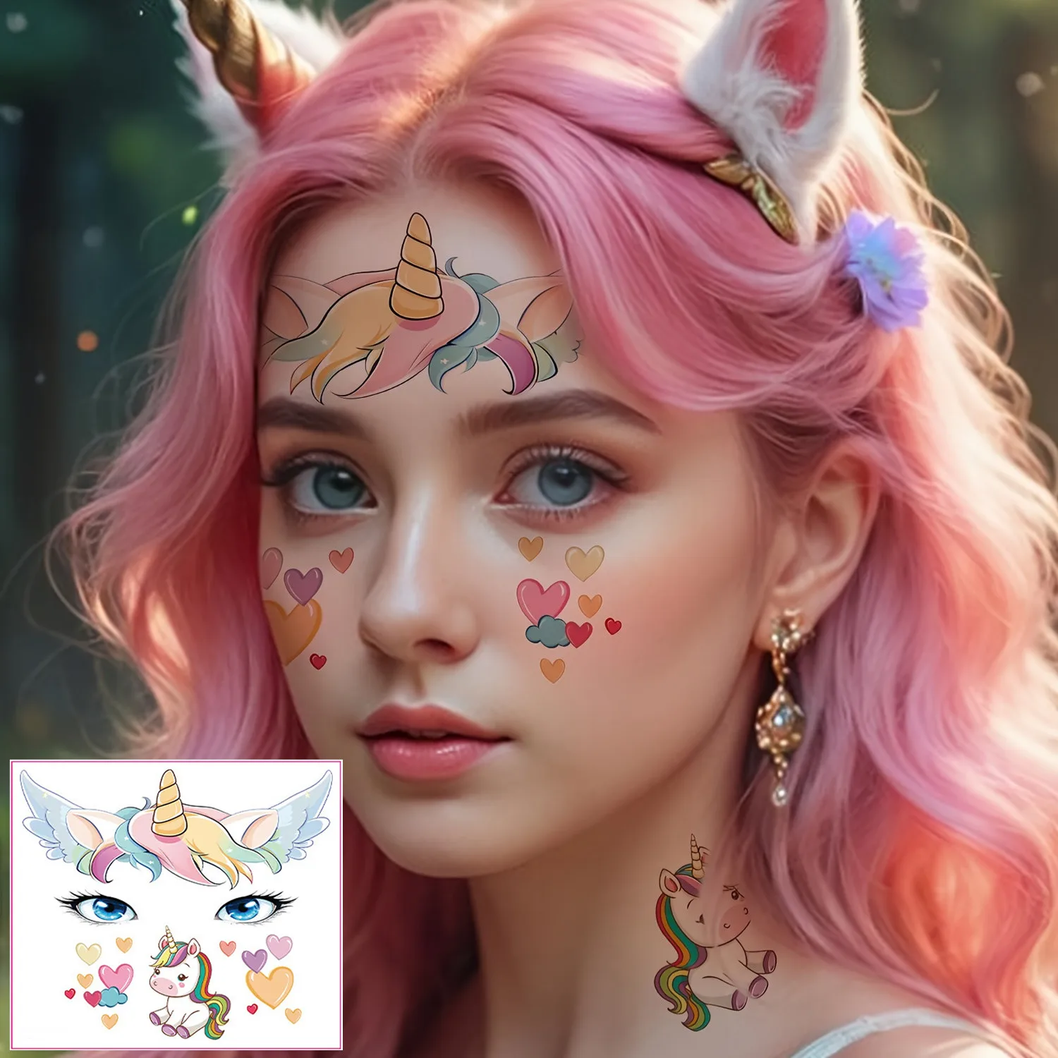 10 Sheets Face Tattoo For Makeup Party Stage Show Unicorn Face Stickers Cute Cartoon Animal Waterproof Temporary Fake Tattoos