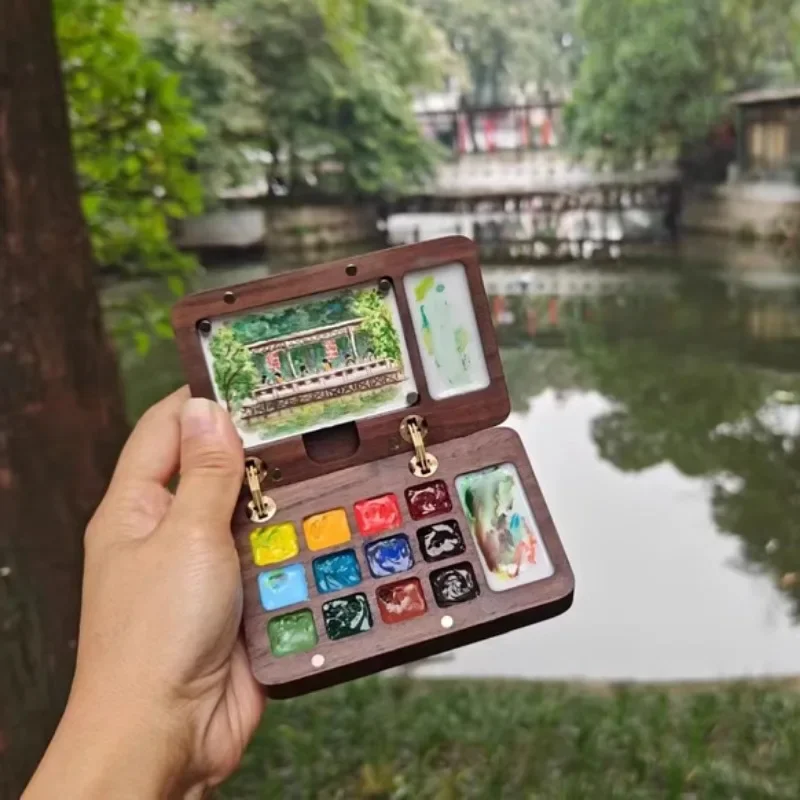 12 ventagli di colore You scatola per acquerello in legno massello scatola per acquerello intarsiata in rame carta da disegno disegno da viaggio con Drawed a mano