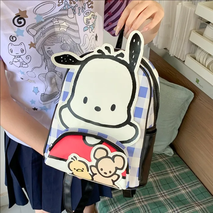 かわいい漫画の犬のバックパック青白ストライプスプライシングスタイルカジュアル通勤バッグ女の子子供青少年日常使用