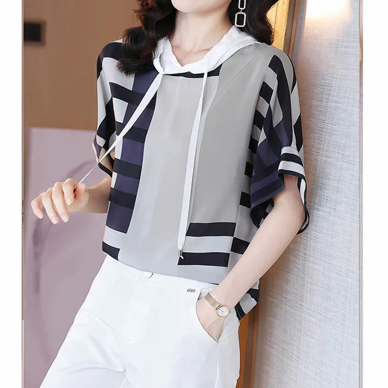 2022 Summer New Striped Patchwork Printing Half Sleeve T-shirts Korean Casual Hoodies Women Chiffon Lacing Loose Streetwear Top