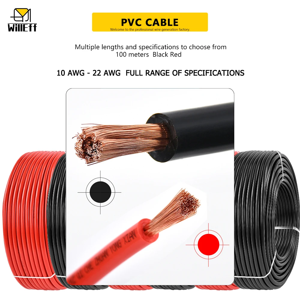 100m/roll RV PVC Electric Cable Copper Wire Red Copper cable Soft Electrical wires Flexible Wire 6mm2 4mm2 2.5mm2 1.5mm2 1mm2