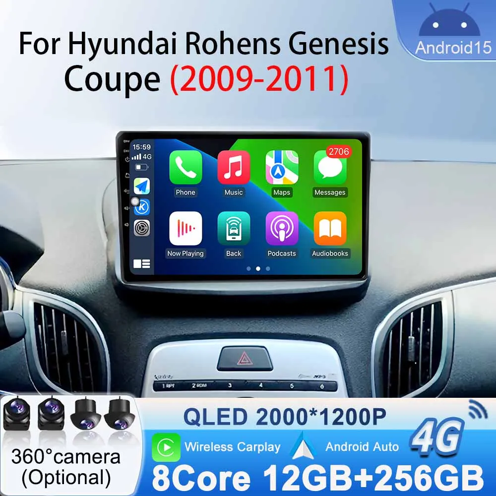 Carplay Android Auto for Hyundai Rohens Genesis Coupe 2009-2011 WiFi Multimedia Player Android15 Car Stereo Radio GPS Navigation