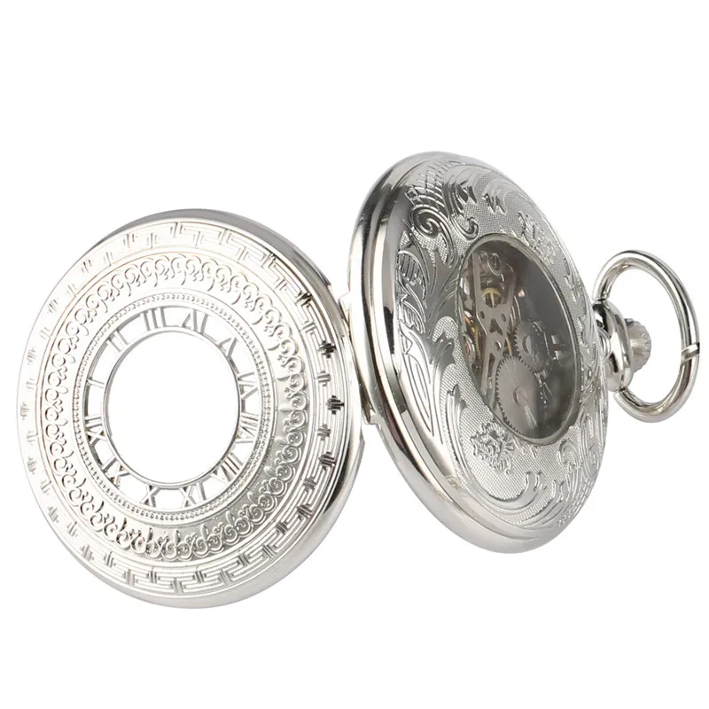 Silver Half Hunter Unisex Hand Winding Mechanical Pocket Watch Roman Numerals Display Pendant Chain Skeleton Clock Gifts