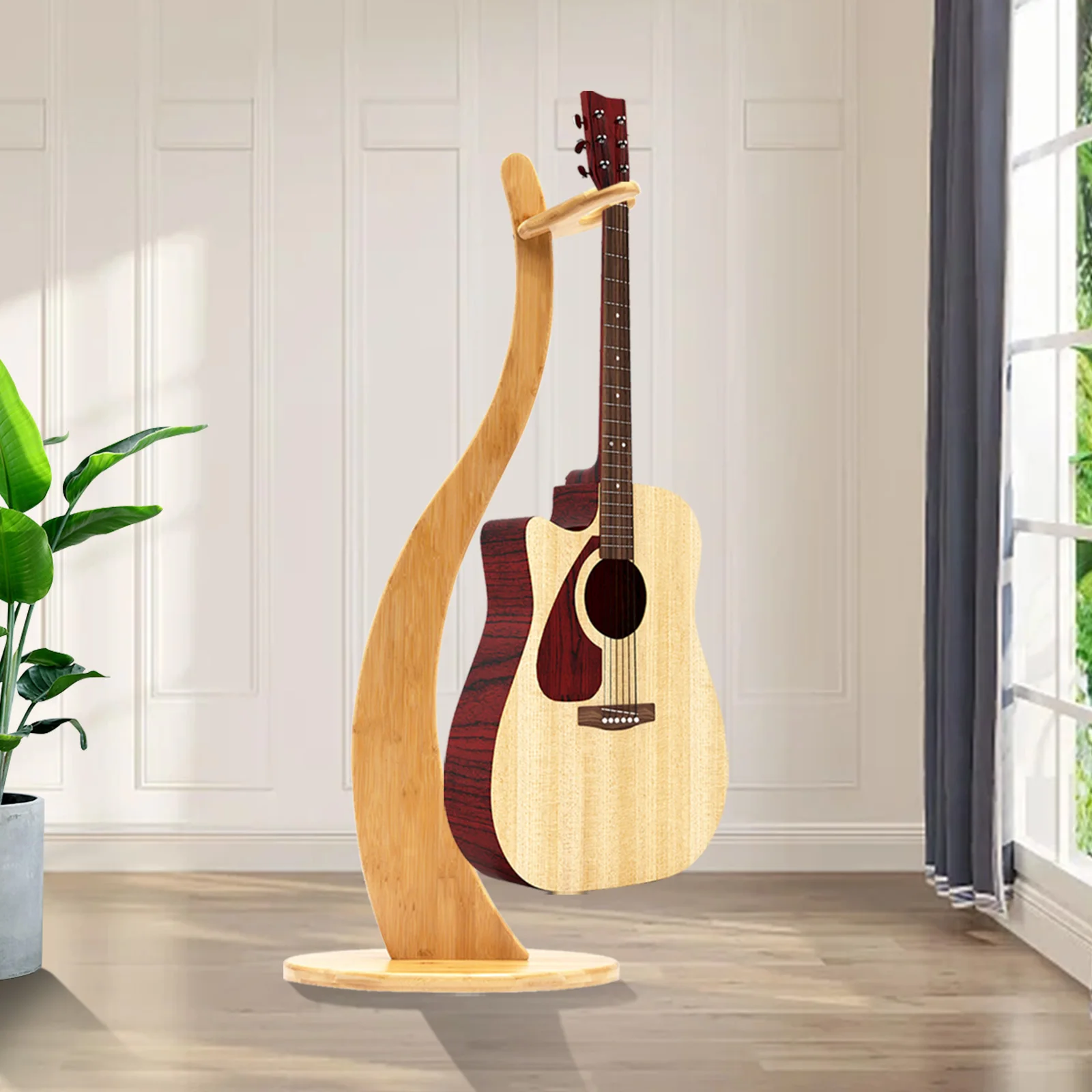 Guitar Stand, Made with Bamboo, for Acoustic, Electric, Classical, Ukulele and Banjos, Non-Slip Pads on Bottom for Stability