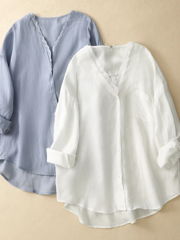 

Повседневная женская рубашка-кардиган с длинным рукавом, V-образным вырезом, асимметричным подолом, однотонная, с кружевной отделкой, больших размеров, с одним карманом, тонкая верхняя одежда