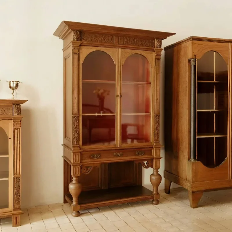 European retro solid wood engraving old glass display cabinet French engraved display cabinet Middle antique classical entrance