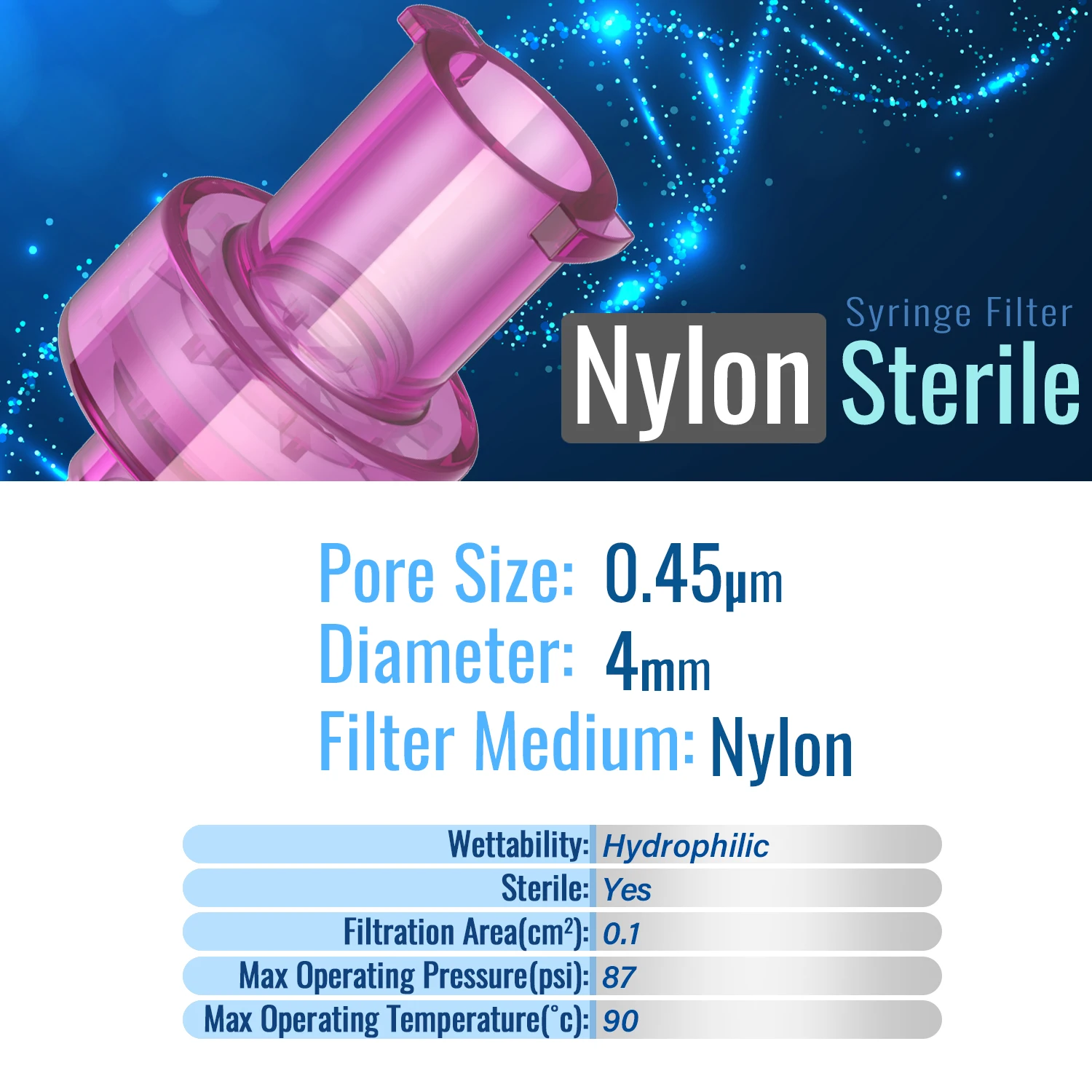 مرشحات محبة للماء للمختبر المعقم، غشاء نايلون 0.22 ميكرومتر/0.45um حجم المسام، قطر 4 مم، 25 قطعة معبأة بشكل فردي بواسطة Ks-Tek #4