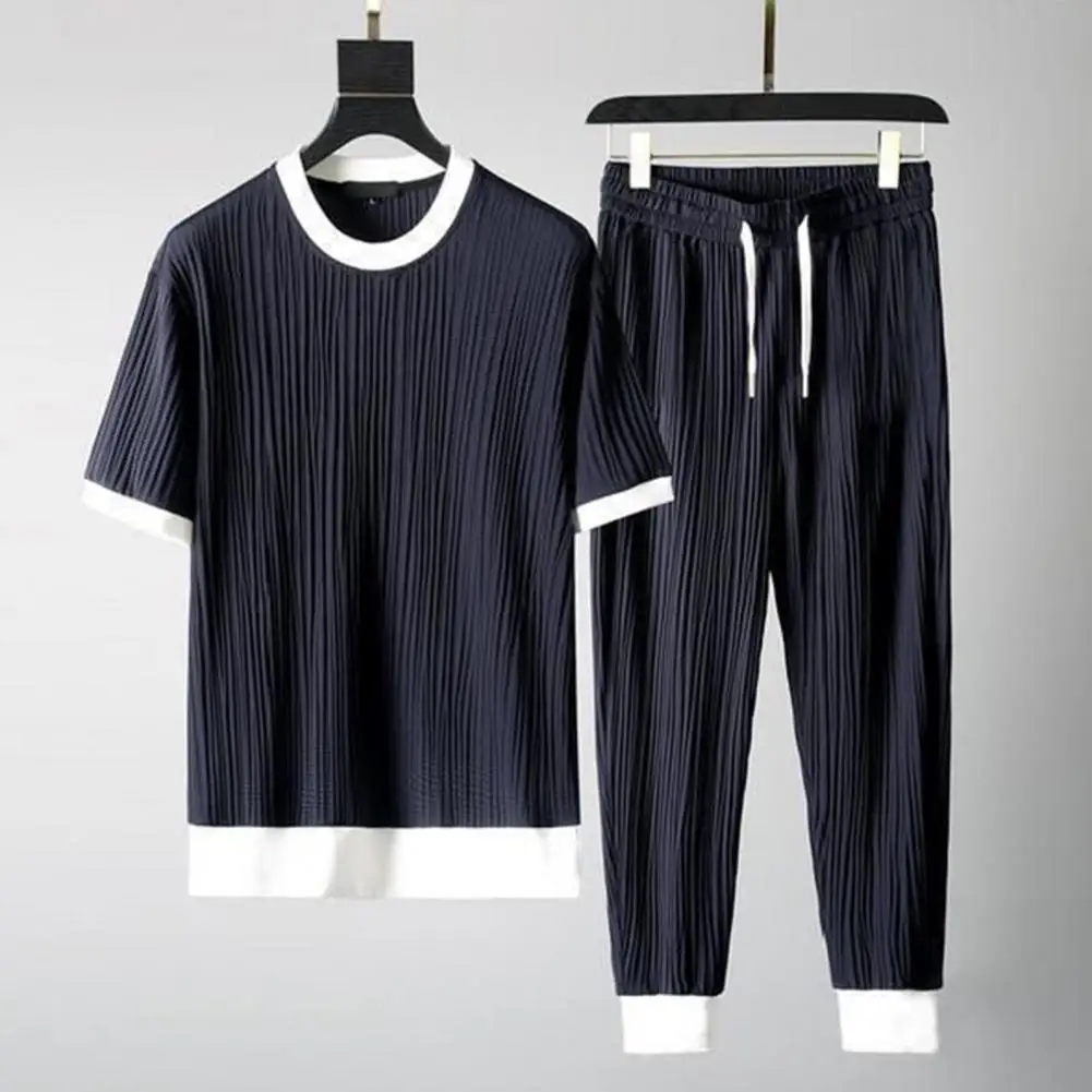Top e calça com gola em O elástica masculina clássica, calça monocromática, bolso, calça respirável, camisa plissada, moda verão, escritório