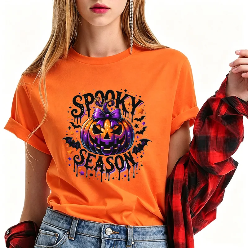 Spooky Season Pumpkin Bow Bat Star Halloween Art Print Graphic Short Sleeve Crew Neck Casual Family Matching Tee Tops