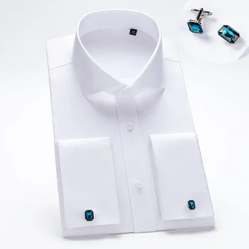 Camisa de hombre ajustada con cuello Windsor, manga larga, algodón de alta calidad, gemelos antiarrugas y sin hierro, camisa blanca