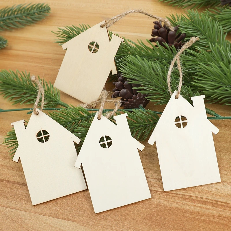 10pcs Wooden Christmas Pendant Wooden House Cutout Ornaments DIY Craft Gift Xmas Tree Hanging Decor Home Party Festival Supplies