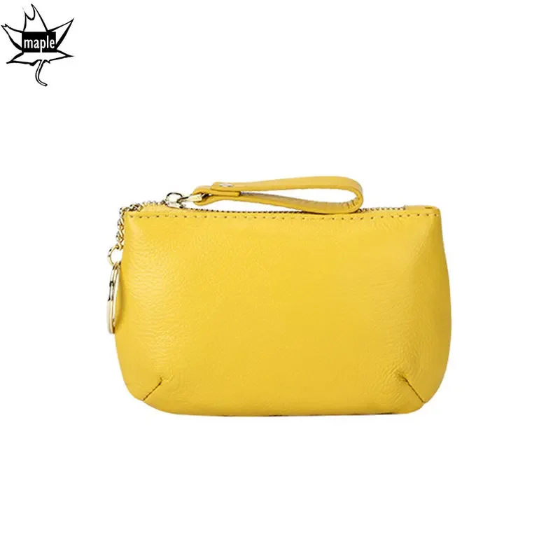 Yellow One Zip Short Wallets Mini Card Cash Holder 100% Natural Cowhide Leather Women Wallet Clutch Coin Purse Small Pouch