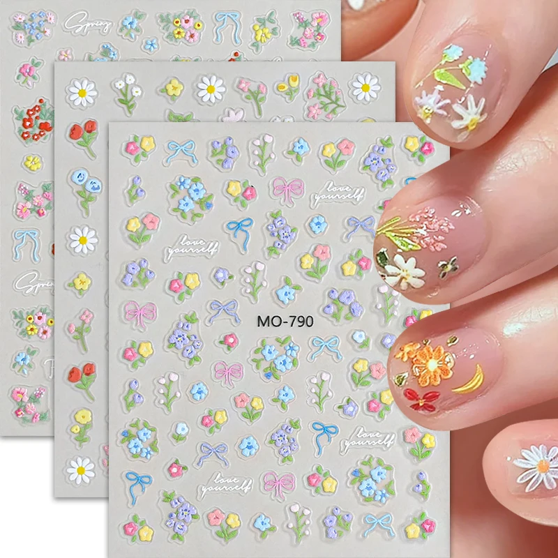 1pc 3D Colorful Spring Flower Nail Stickers Self-Adhesive Daisy Floral Bowknot Nail Decals Cute Pastel DIY Manicure Decor