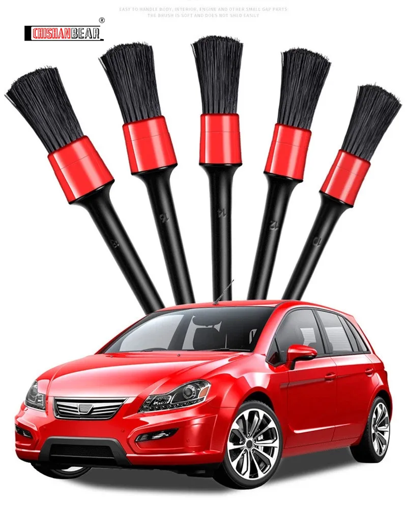 Wheel Brush Car Cleaning Kit -Long Soft Bristle Tire Brush and 5 Different Sizes Boar Hair & Synthetic Fiber Detail Brushes