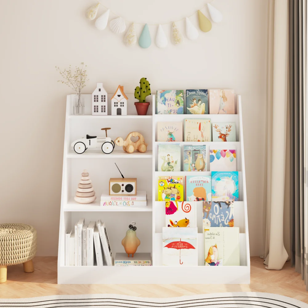 Orraves New Kids Bookshelf and Toy Storage Organizer, Multifunctional 4 Tier Wooden Kids Book Shelf with  Bookcase Display Stand in Kids Room Playroom Nursery for Kids, Children, Toddlers (White)