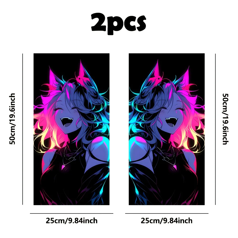 2-piece set of smiley face anime girl door post stickers, highlight cartoon themed vehicle B-pillar protective film,