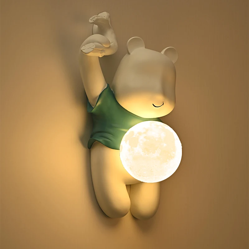 Cute Romantic Little Bear Moon Wall Light Modern Boys Girls Room Decoration Bedroom Study LED Wall Lights Resin Bear Cartoon
