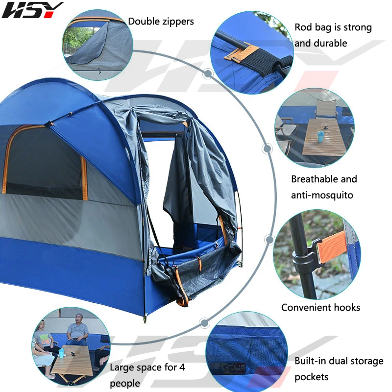 Portable Outdoor Camper Car Rear Tent, Double-Layer SUV Vehicle Roof, Sunshade and Rainproof Beach Tent