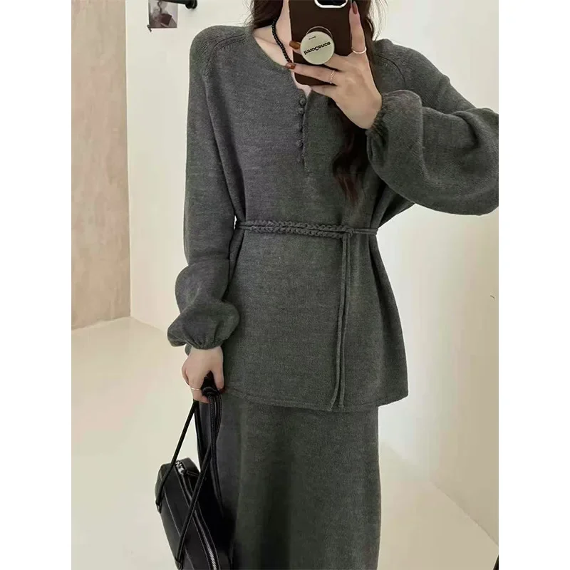 

Пуловеры с круглым вырезом, однотонный толстый повседневный костюм, осенние комплекты из двух предметов, женские вязаные длинные юбки, свитера с длинными рукавами