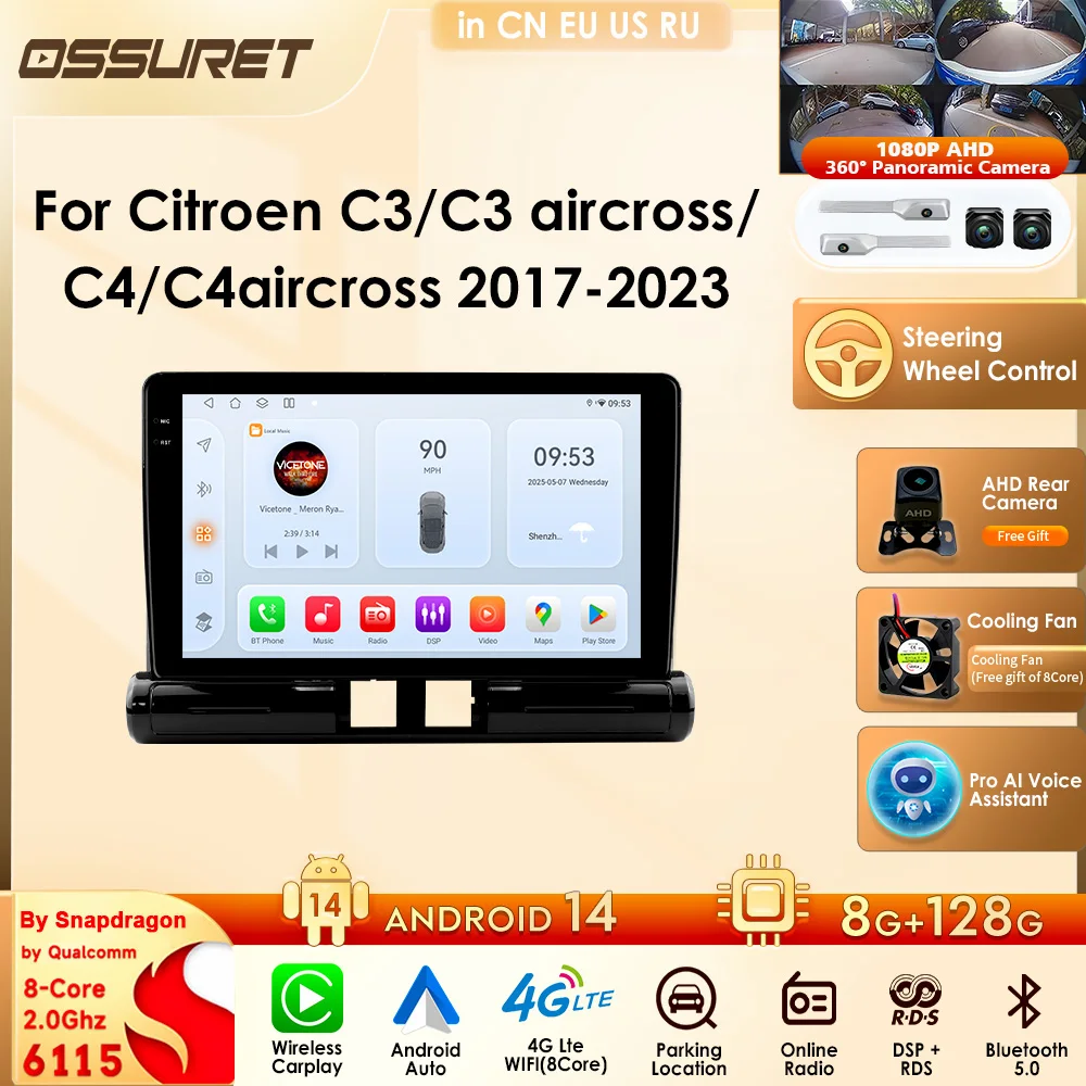 Reproductor Multimedia para Auto de 9 Pulgadas con Android Auto y Carplay, GPS para Citroen C3/C3 Aircross C4/C4 Aircross 2017-2023, Configuración Baja