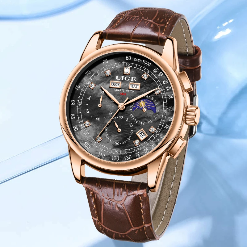 

LIGE Fashion Outdoor Woman Watch Classic Elegant Simple Casual Sports Diamond Calendar Week Moon Phase Waterproof Quartz Watches