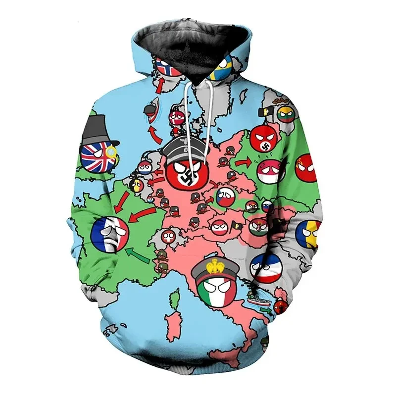 Divertente divertente divertente piccola palla modello bandiera Multi-nazionale stampa 3D felpa con cappuccio da uomo Streetwear Casual elementi del fumetto moda allentata