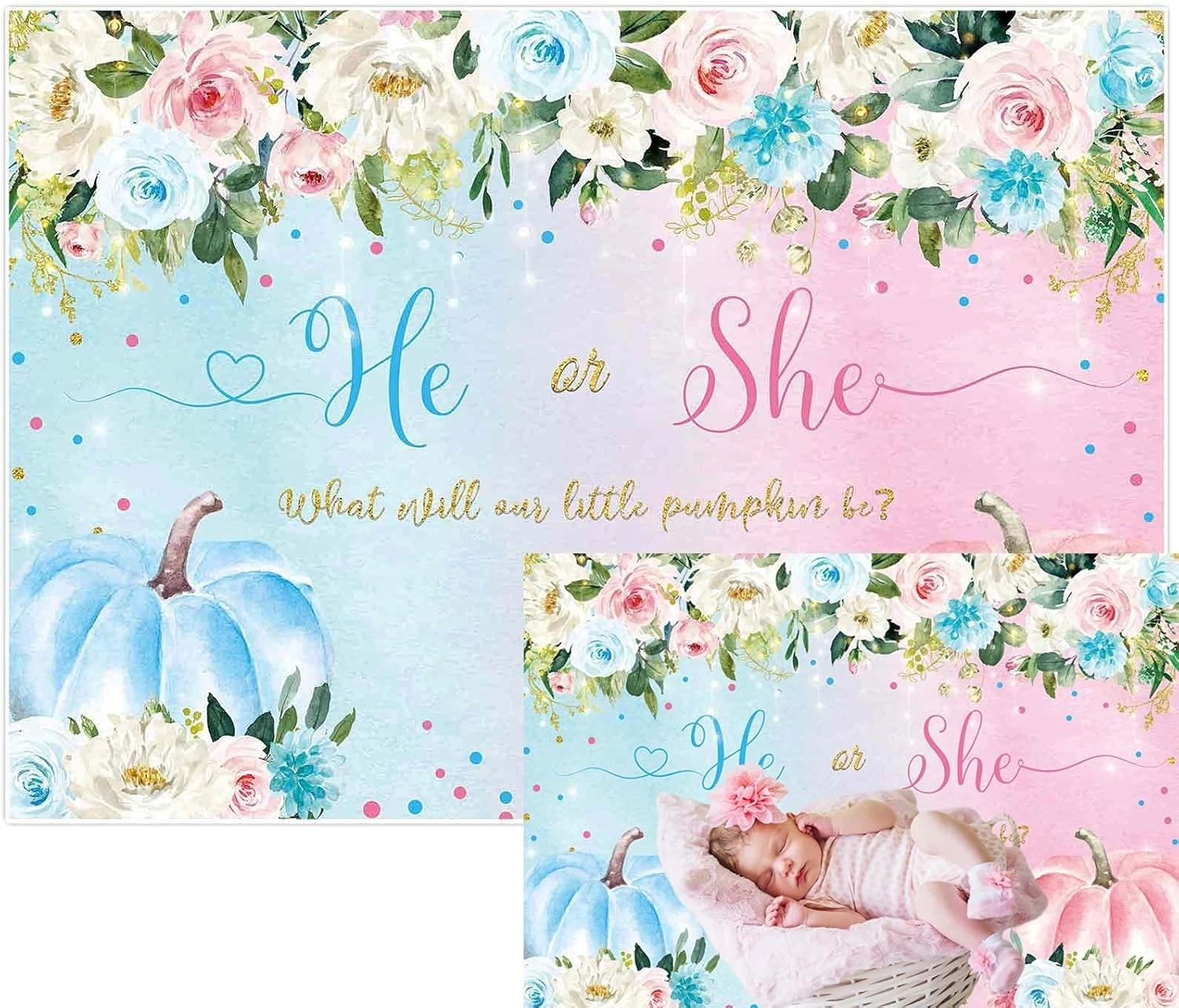 Fondos florales de otoño de género de pequeña calabaza, él o ella, rosa o azul, suministros para fiestas, fondos de estudio de fotografía
