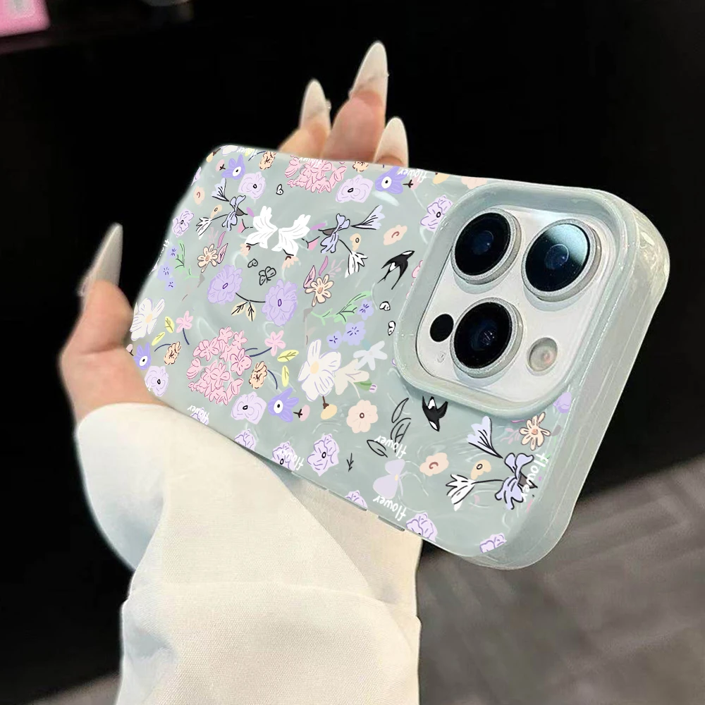 Koreanische Frühlingsblumen-Druck Handyhülle für iPhone 17 16 15 14 13 12 11 Pro Max 14 Plus 17Air Falten-Wellen Weiche Silikonhülle – Detail 1