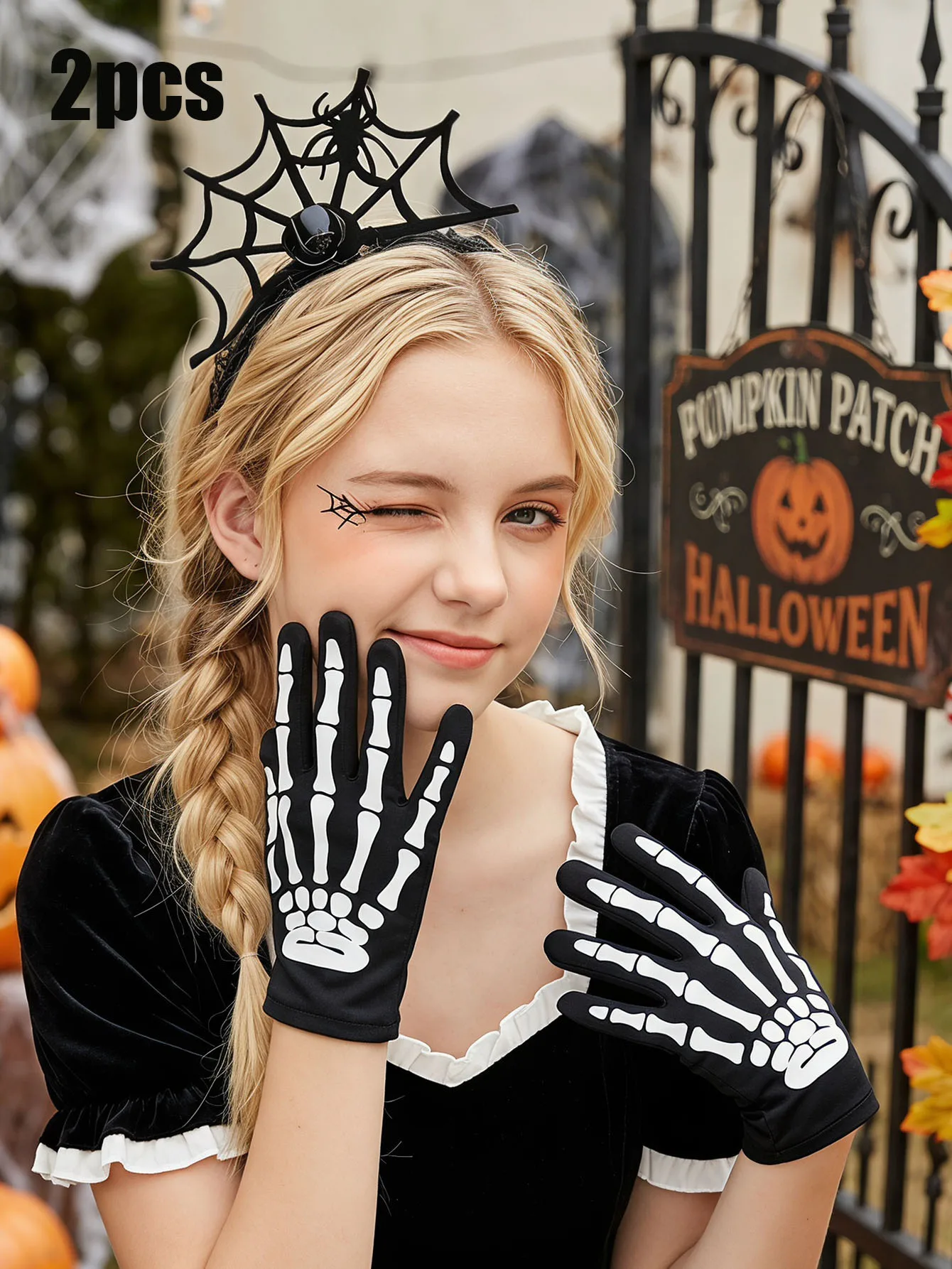 2Pcs Teen Girls Halloween Accessory Set Spider Web Lace Headband   Skeleton Full Finger Fishnet Gloves For 14-16Y