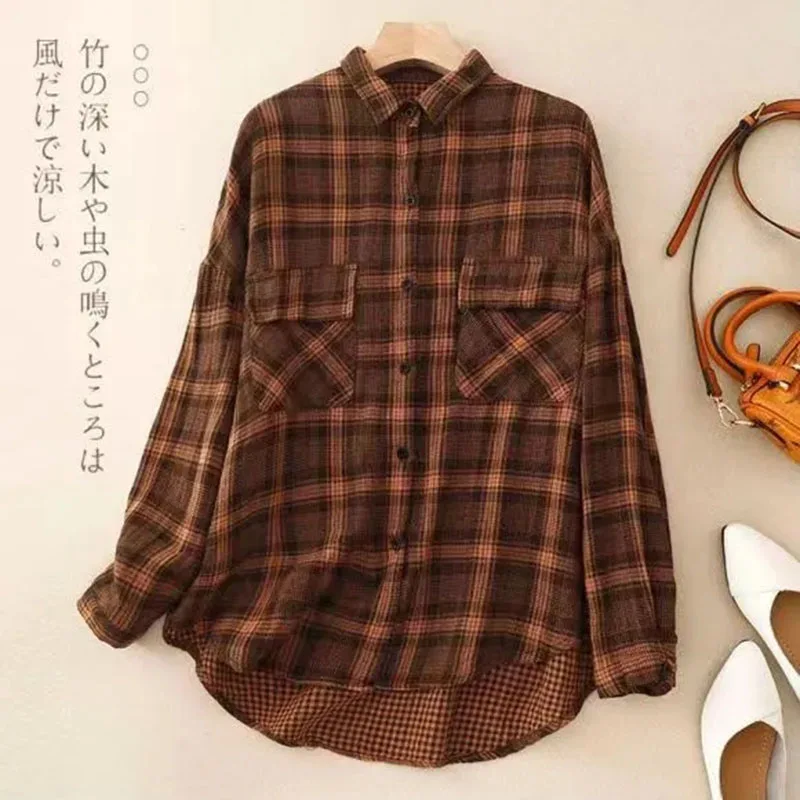 Dames nieuwe lente zomer katoen linnen geruite revers shirt met lange mouwen los en veelzijdig casual single-breasted shirt zak shir