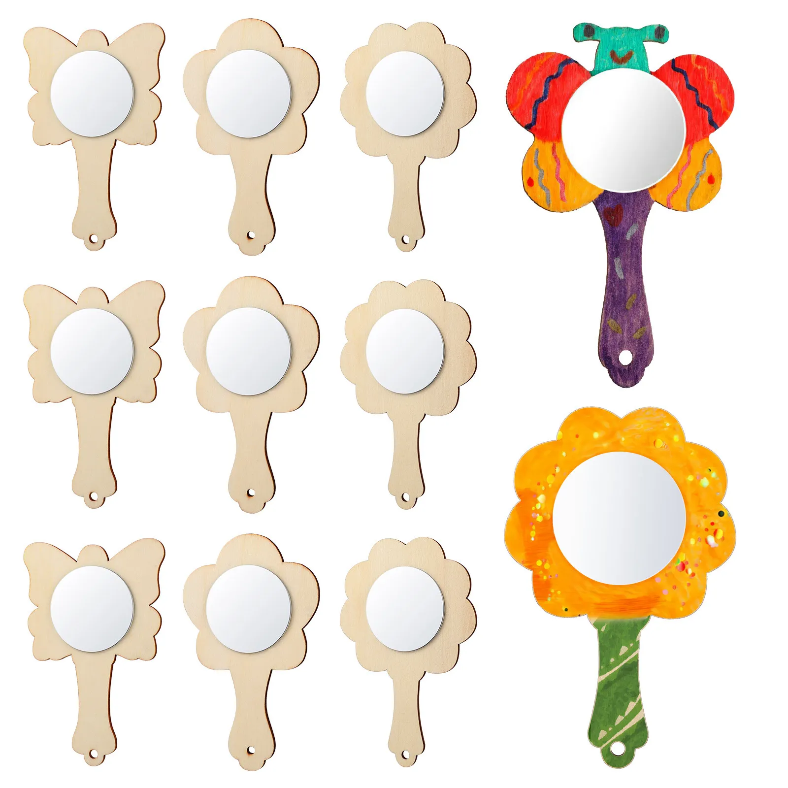 18Pcs Wooden Mini Mirrors DIY Craft Painting Set for Kids Handheld Mirror Creative Educational Fun Mirrors Small