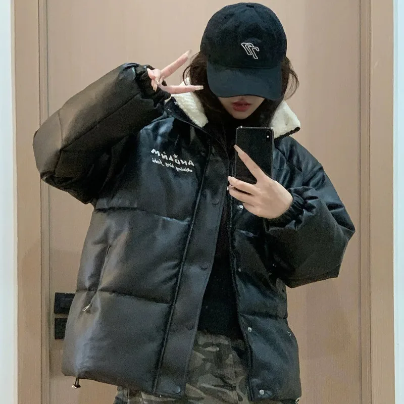 PU Leather Cotton-padded Women's Parka Coat Short 2026 New Winter Coat Female Waterproof Casual Loose Outwear