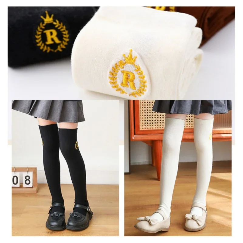 Girls Knee High Socks 3-12Y Children Classic College Style Student Girls Stockings Kids Embroidered Badge Stockings