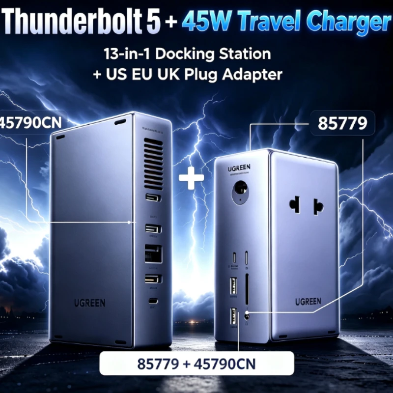UGREEN Thunderbolt 5 Docking Station and 45W Travel Charger 8K60Hz 120Gbps 2.5GbE RJ45 SD&TF 3.5mm for MacBook Laptop USB-C HUB