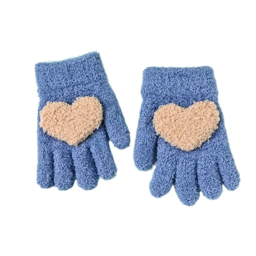 

2Pairs Cute Children's Warm Gloves Soft Heart Shaped Five Finger Gloves Keep Warm Windproof Baby Knitted Mittens Winter