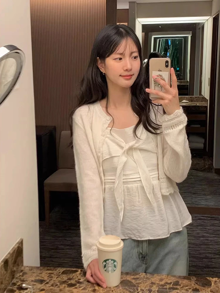 เสื้อโค้ทไหมพรมถักลายฉลุเก๋ไก๋ ดีไซน์ลูกไม้ทรงกลม สไตล์เกาหลี เหมาะสำหรับเดินทาง ผู้หญิง ทรงปกติ ผ้าบางเบา